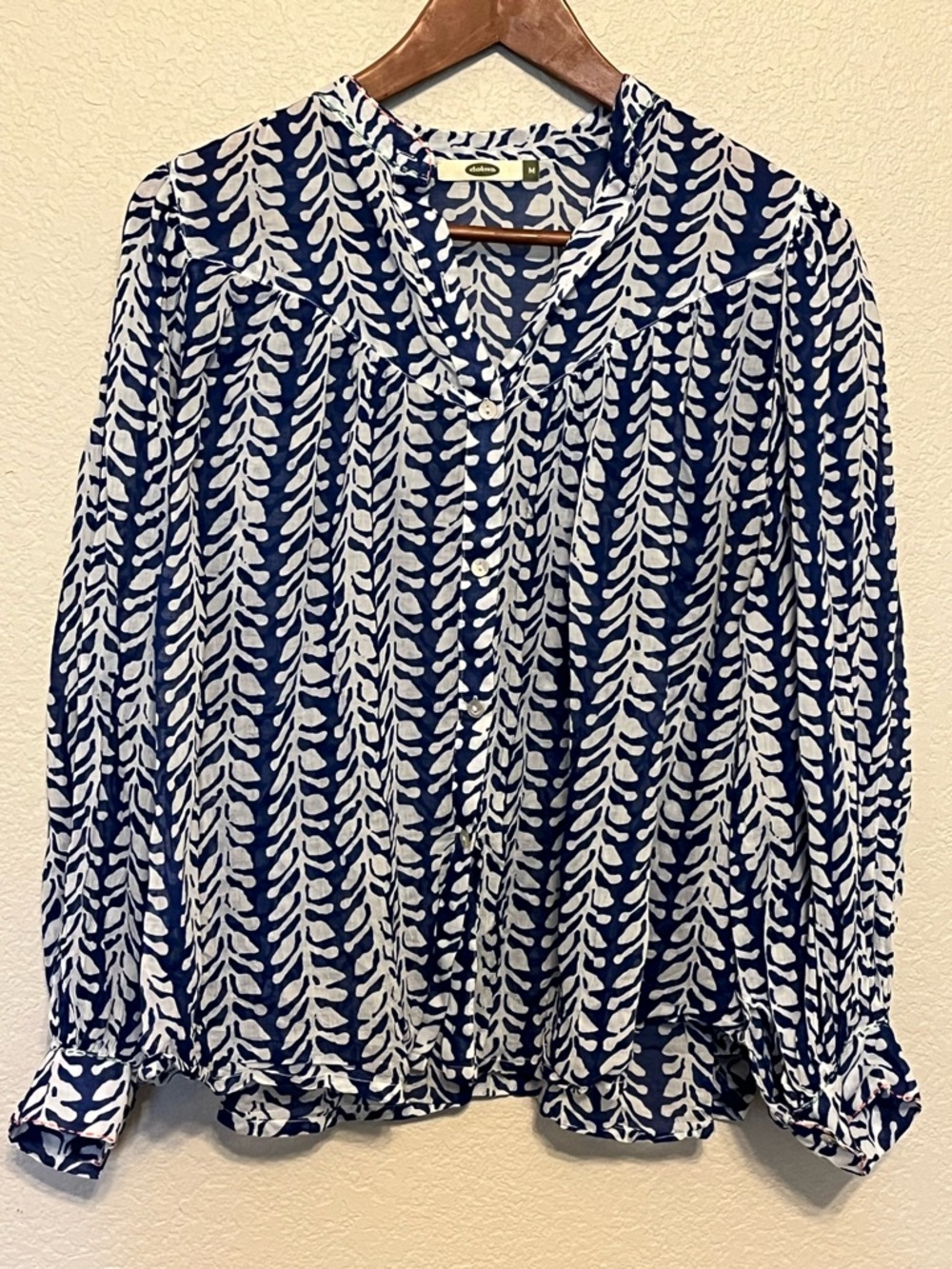 Dolma Boho Style Navy & White Patterned Button-Front Blouse Size Medium